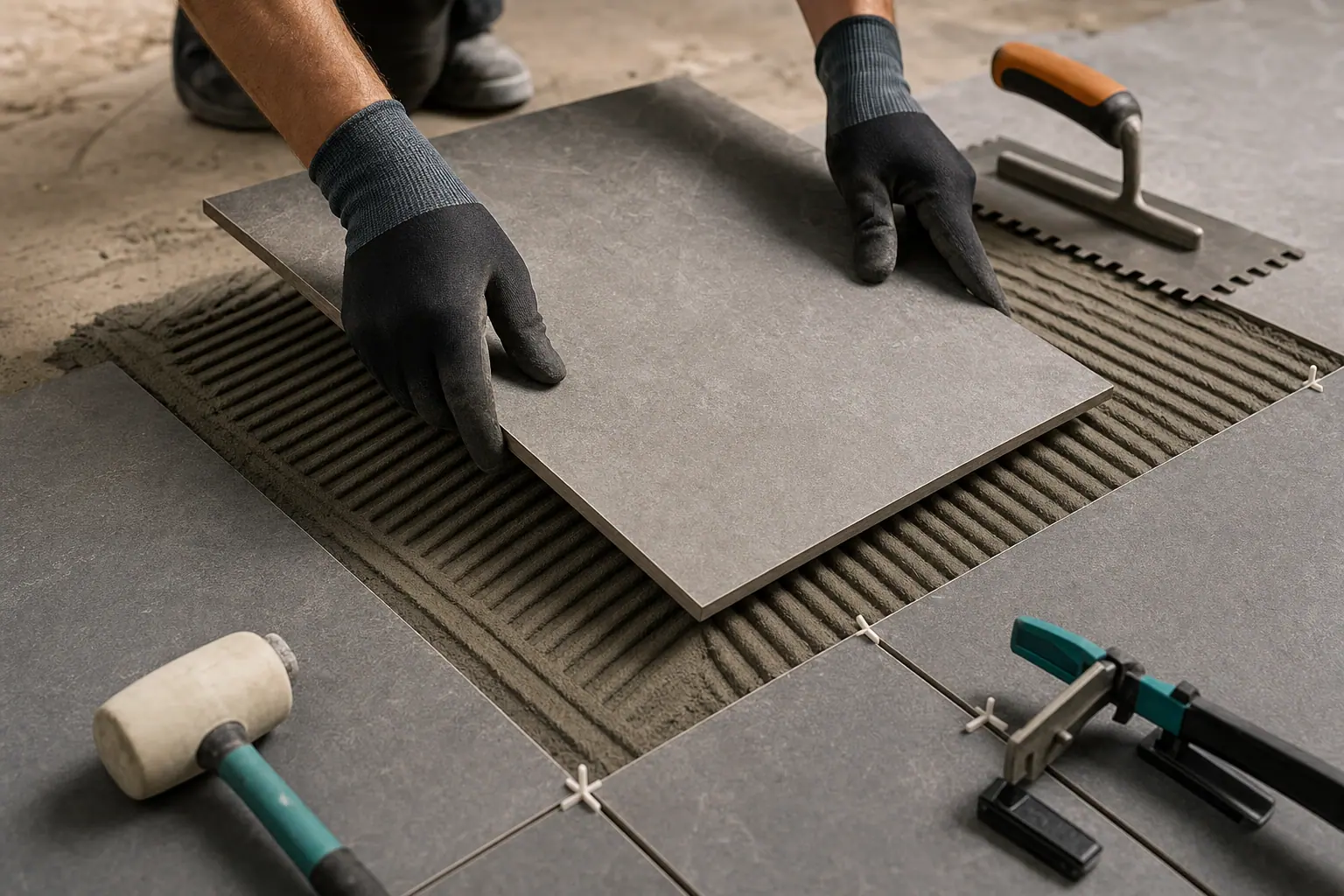 Tile being set with clean mortar lines and spacers