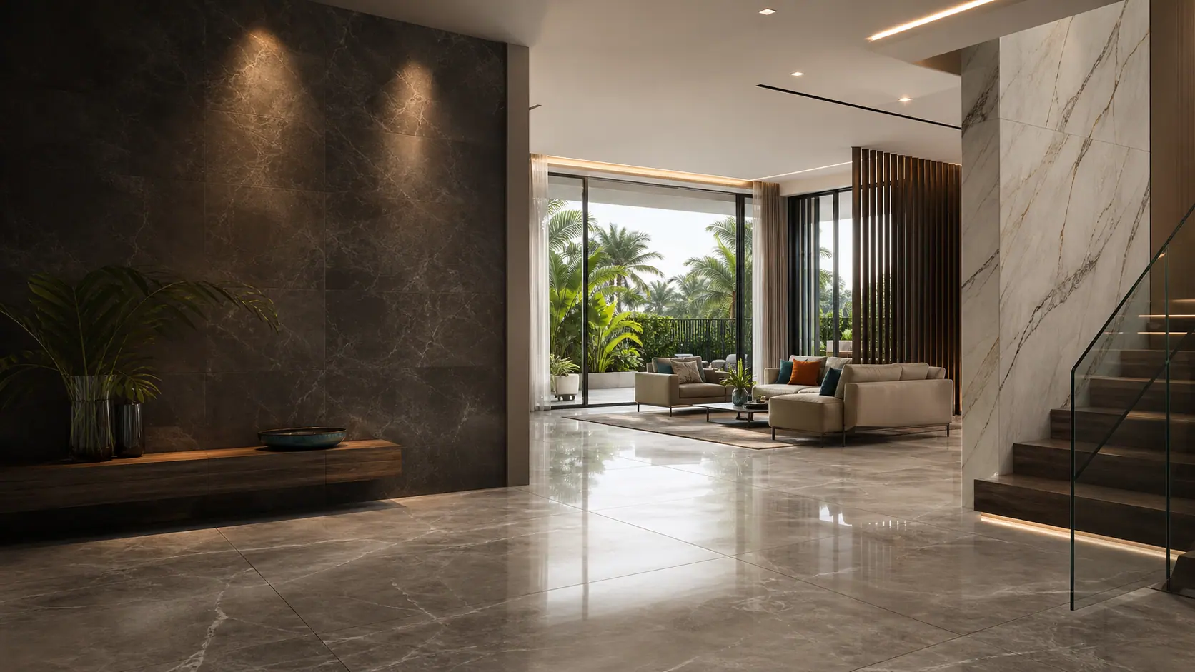 Luxury interior with large-format tile installation